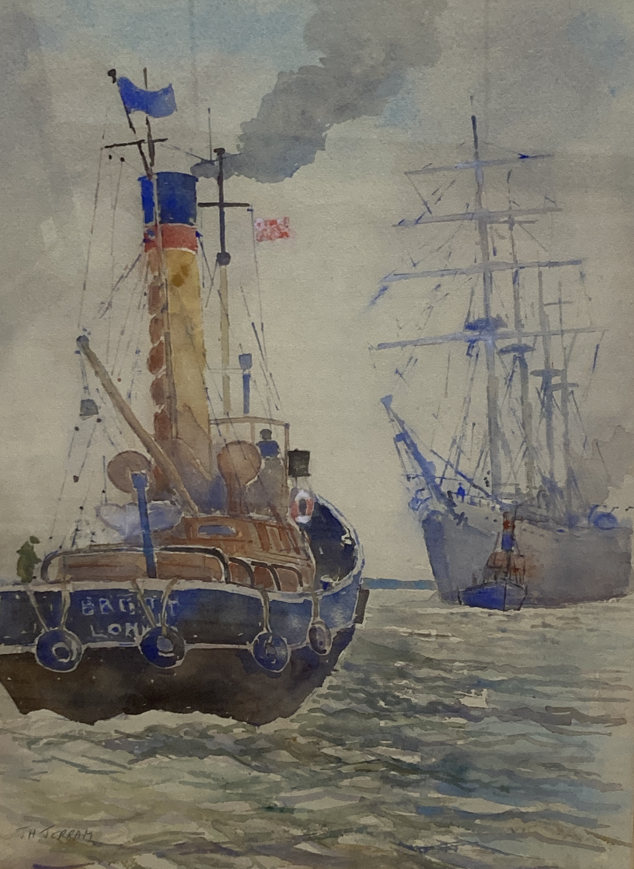 Noel Mostert, watercolour, Aquitania coming into harbour, signed and dated '87